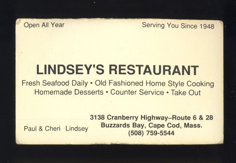 Lindsey's Restaurant Business Card, Buzzards Bay, Massachusetts/MA, Cape...