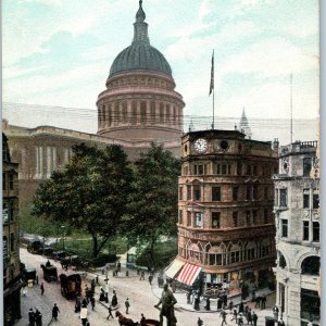 1907 London England St Paul Cathedral Postcard Nicholsons Shop Queen Anne Statue