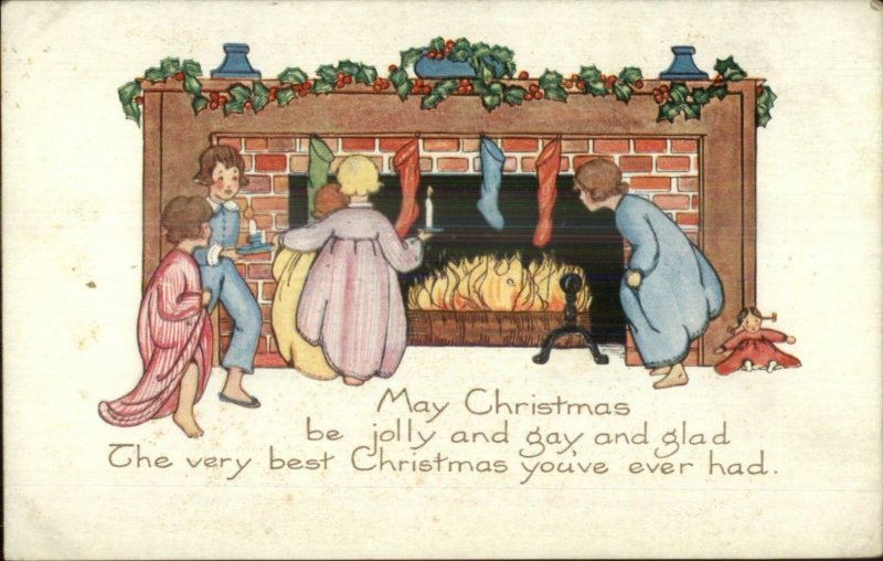 Christmas - Children Wait For Santa Claus at the Chimney Whitney Postcard