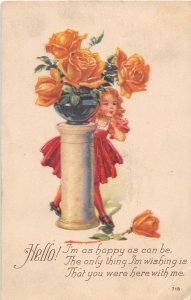 Greetings From Girl Flower Vase 1929 postcard