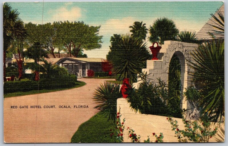 Vtg Ocala Florida FL Red Gate Hotel Court Motel 1940s View Linen Old Postcard