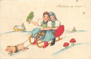 Hungary 1937 New Year winter seasonal fantasy luck pig sledge & mushrooms 