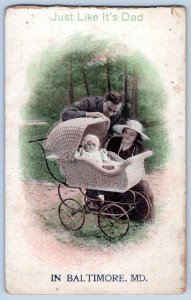 BALTIMORE*MD*BABY IN ANTIQUE WICKER CARRIAGE*JUST LIKE IT'S DAD*HOLMFIRTH*HUMOR