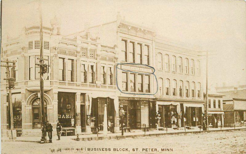 c1910 Saint Peter Nicollet Minnesota Business Block Street Bank Newspaper RPPC  