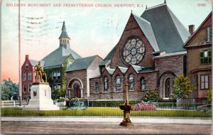 Postcard RI Newport - Soldiers Monument and Presbyterian Church