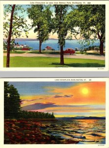 2~ca1940's Postcards BURLINGTON, VT Vermont LAKE CHAMPLAIN Battery Park & Sunset