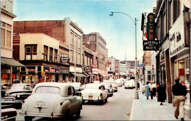 Postcard MA Fitchburg Main Street Classic Cars Fur Store Shops 1950s S19 