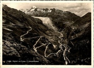 Gletsch mit Furka u Grimselstrasse aerial RPPC postcard Switzerland Swiss