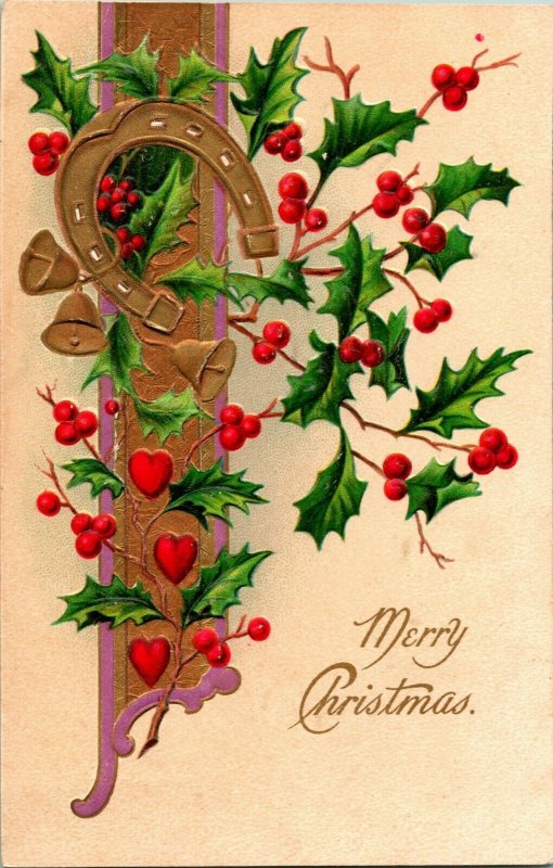 Vtg Postcard 1910s Unused - Merry Christmas Holly Horseshoe Embossed Hearts