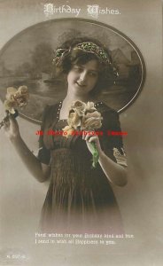 Birthday Wishes, Tinted RPPC, Pretty Woman Holding Roses, Rotary Photo No A897-2