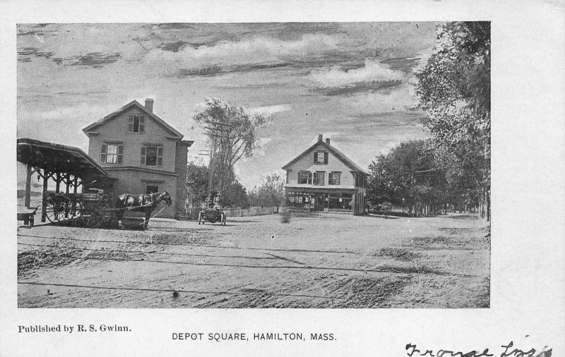 Hamilton MA Depot Square Railroad Station Horse & Wagons Postcard