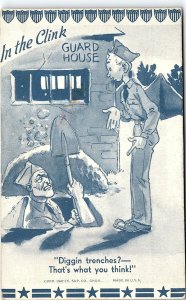 1942 WWII ARMY SOLDIERS GUARD HOUSE DIGGIN TRENCHES  COMEDIC POSTCARD 46-258