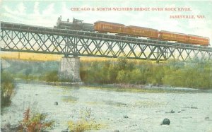 Janesville WI Chicago & North Western Bridge Over Rock River, Train, Unused