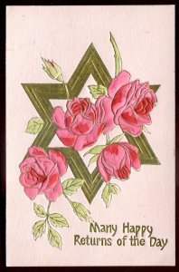 dc1799 - BIRTHDAY Postcard 1910s Embossed Roses Gilded Star