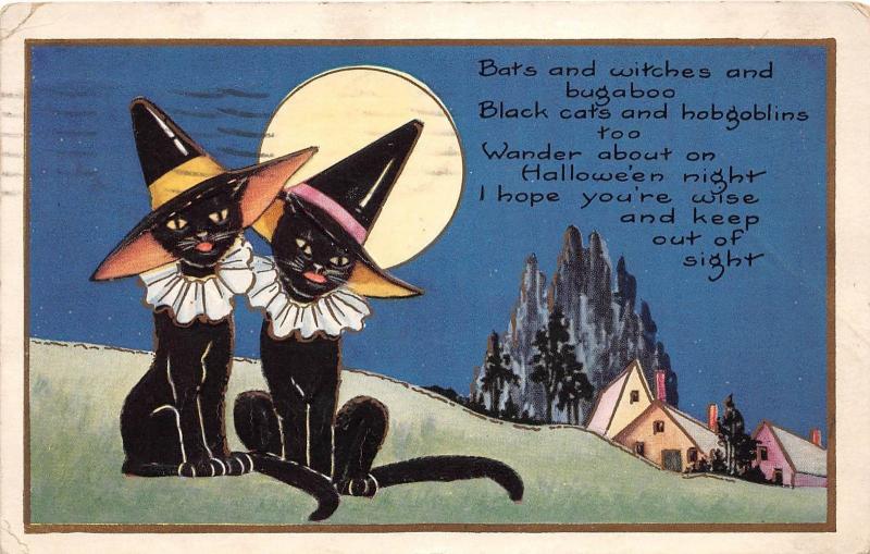 E14/ Halloween Holiday Postcard 1926 Indiana Pennsylvania Black Cats Hats 5