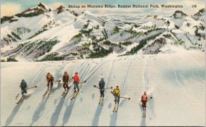 Rainier National Park WA Skiing Mazama Ridge Skiers Unused Linen Postcard F75