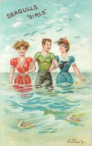 Embossed Postcard S/A Ellam Seagull Girls Man 2 Woman In Bathing Suits at Beach