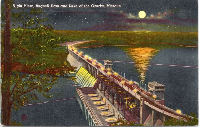 Postcard MO Lakeside Night View Bagnell Dam and Lake of the Ozarks