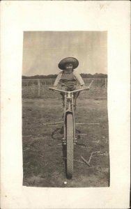 Little Boy on Bicycle Head-On View c1910 Real Photo Postcard