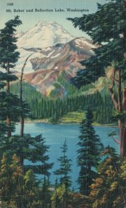 USA Mt. Baker and Reflection Lake Washington Linen Postcard 08.15