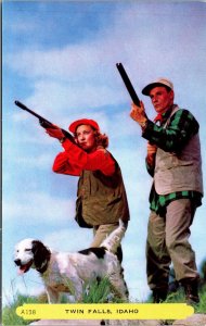 Woman, Man Shooting with Hunting Dog Twin Falls Idaho Postcard