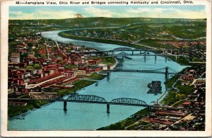 Vtg 1930s Ohio River & Bridges connecting Kentucky & Cincinnati Ohio OH Postcard