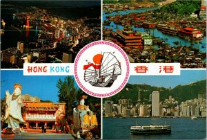 Postcard Hong Kong Multi-View By Night/Tin Hau Statue/Aberdeen/Harbor 1980s K23