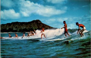 Surfing Canoeing at Waikiki Beach Diamond Head Hawaii Postcard Mike Roberts