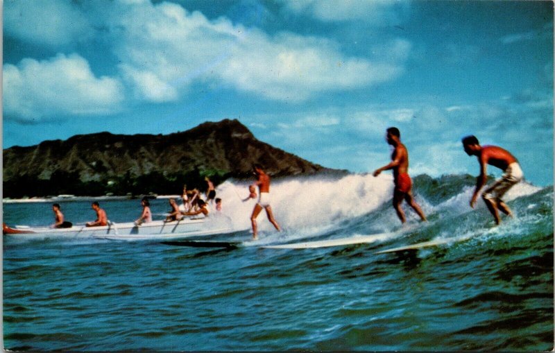 Surfing Canoeing at Waikiki Beach Diamond Head Hawaii Postcard Mike Roberts