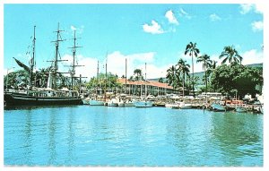 Lahaina Harbor Maui w Carthaginian Ship Boats Pioneer Inn Hawaii Postcard 1980