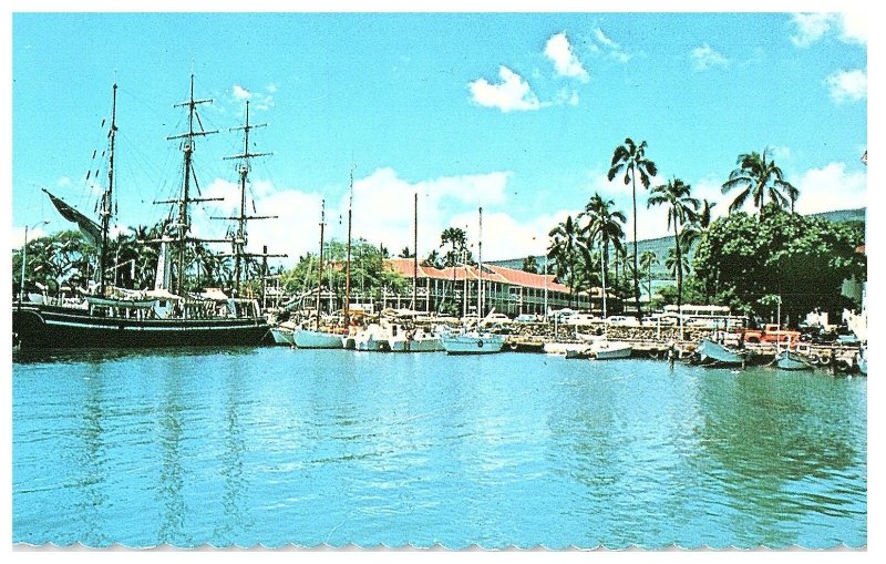 Lahaina Harbor Maui w Carthaginian Ship Boats Pioneer Inn Hawaii Postcard 1980