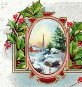 Postcard Joyous Christmas - winter scene and holly - Bennetts Landing NH 1912