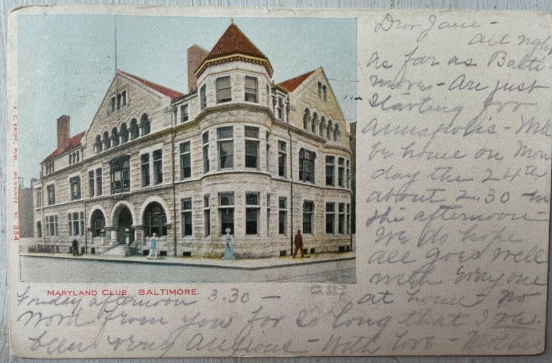 Vintage Postcard 1904 Maryland Club Charles & Eager Streets Baltimore MD
