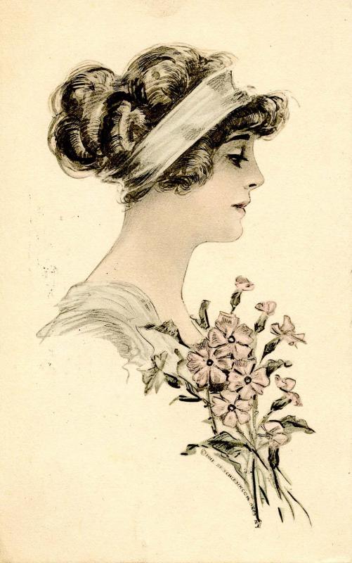 Fashion - Lady With Pale Blue Head Band, Pink Flowers