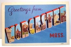Greetings From Worcester Massachusetts Large Big Letter Linen Postcard Dexter
