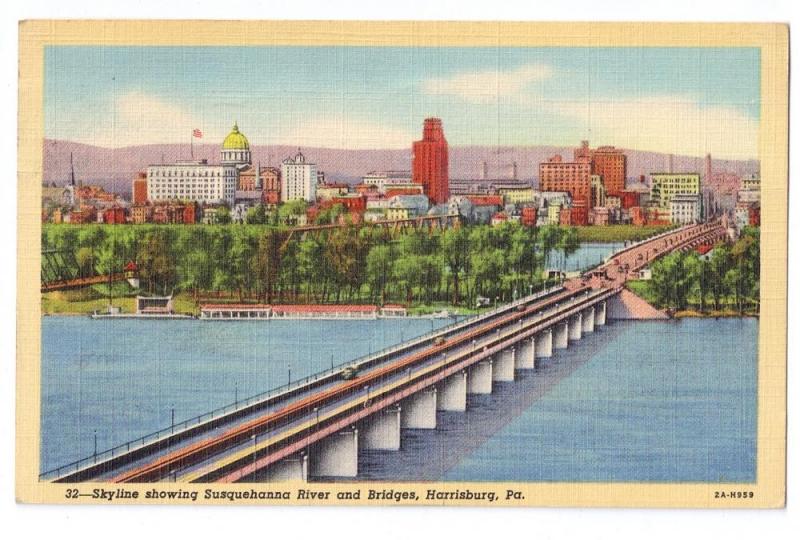 Skyline Harrisburg PA Susquehanna River Bridge 1943 Linen