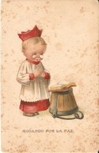 Altar boy, praying for peace Old vintage Spanish, artist drawn, postcard