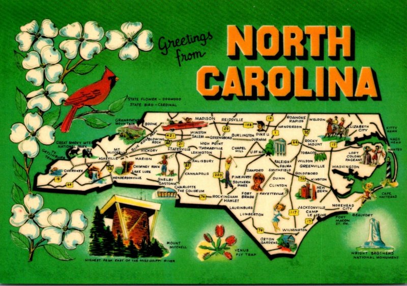 North Carolina Greetings With Map State Bird State Flower and More