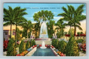Palm Beach FL, Memorial Fountain, Gardens, Pool, Linen Florida c1948 Postcard  