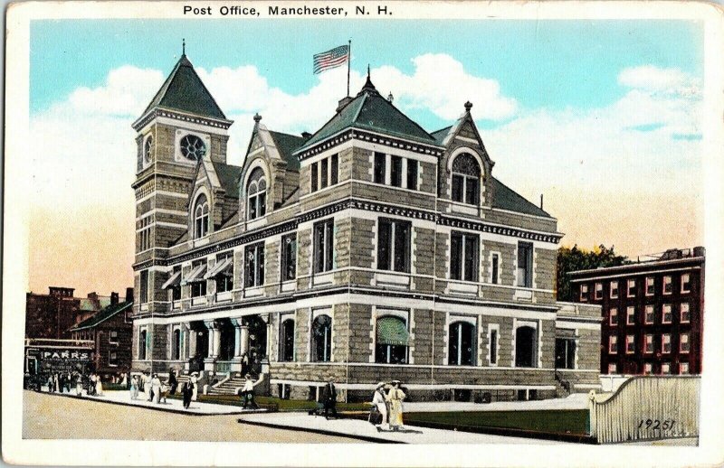 Post Office Manchester New Hampshire WB Vintage Postcard Unposted Flag Building 