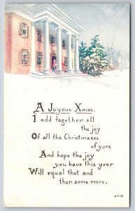 Joyous Xmas~Art Deco~Couple & Dog On Porch Of Large Columned Home~1916 Postcard