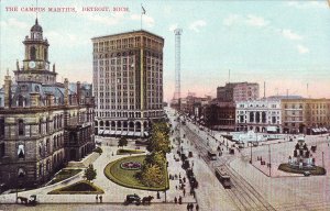 P1241 old unused postcard the campus martius, detroit michigan birds eyr view