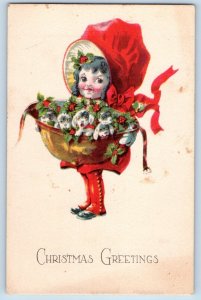 Christmas Postcard Greetings Little Girl With Cute Puppies And Berries c1910's
