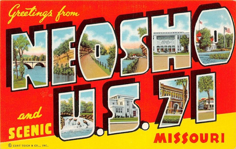 H36/ Neosho Missouri Postcard Linen Large Letter Greetings From U.S. 71