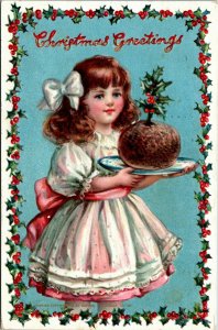 Tuck Postcard Christmas Girl Holds Plate with Plum Pudding Holly Spring 1911 M41