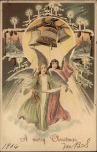 Christmas Little Girl Angels Beneath Ringing Bells c1910 Vintage Postcard
