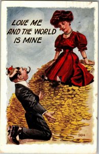 Woman Sitting on a Pile of Gold, King at Her Feet Love Me c1914 Vtg Postcard X21