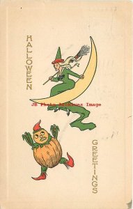 Halloween, Gibson No GIB22-3, Witch on Crescent Moon with Pumpkin Head Gourd Man