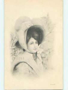 Divided-Back art nouveau PRETTY GIRL WITH LARGE BONNET r2559