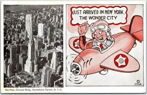 Just Arrived in New York, The Wonder City Comic Red Plane - Vintage Postcard